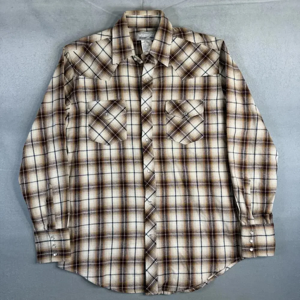 Wrangler Western Flannel Shirt Mens Medium Brown Plaid Pearl Snap Wrancher